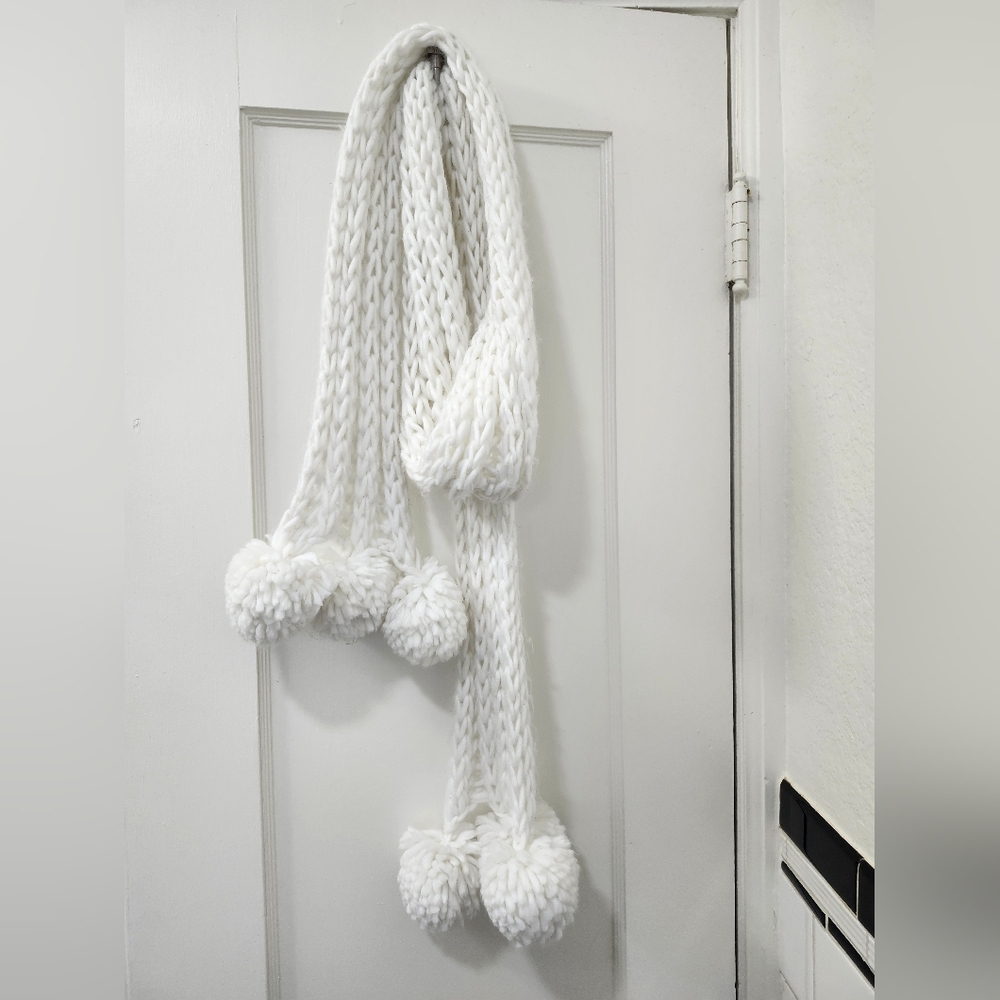 White Knit Scarf with Pom Poms